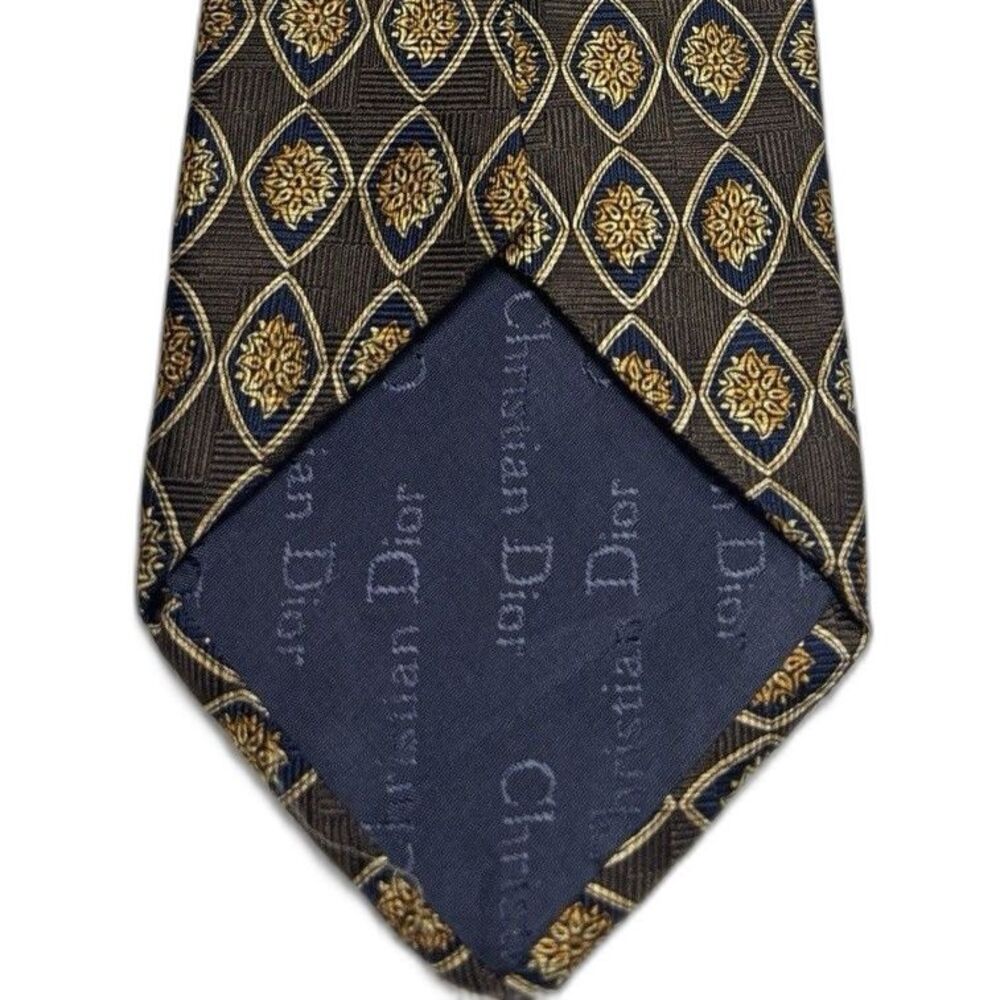 Vintage Christian Dior Monsieur Silk Tie Brown & Gold Geometric Medallion 90s - Picture 3 of 6